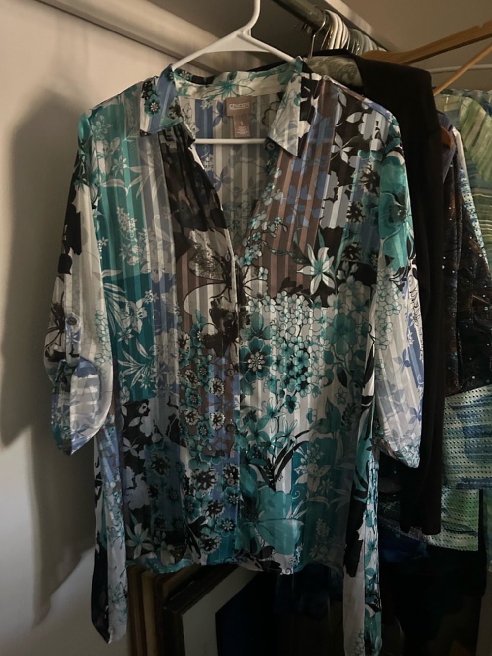 Chico's Travelers Teal, Aqua & Black Floral Stripe Button-Down Blouse